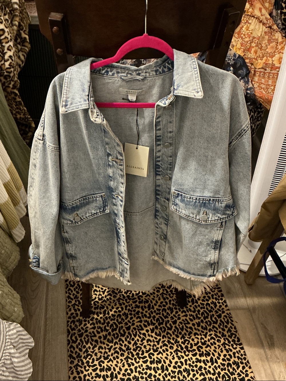 All Saints Washed Light Blue Denim Jacket with Raw Hem